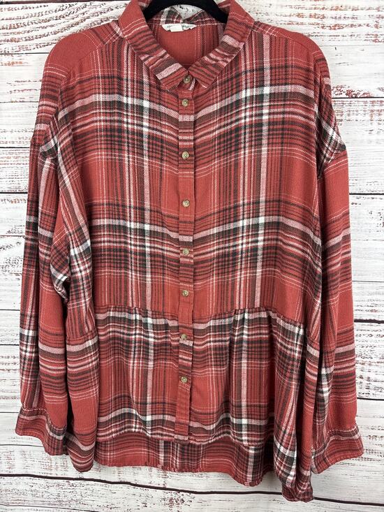 American Eagle Outfitters Tops - American Eagle Orange Plaid Peplum Baby doll Button Up Top Oversized Womens XL